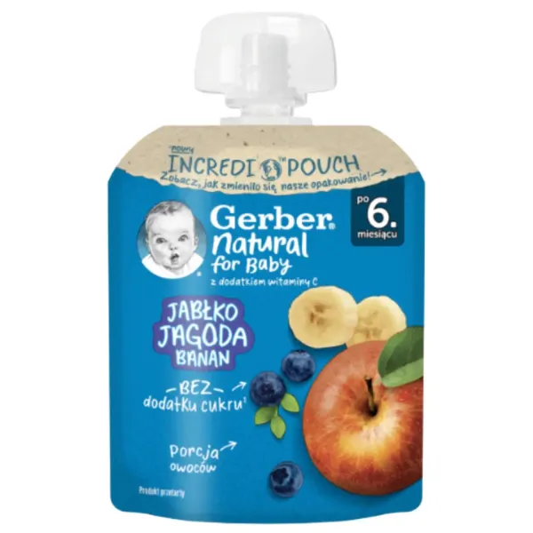 Augļu biezenis GERBER, ar āboliem, mellenēm un banāniem, 6 mēn., 80g