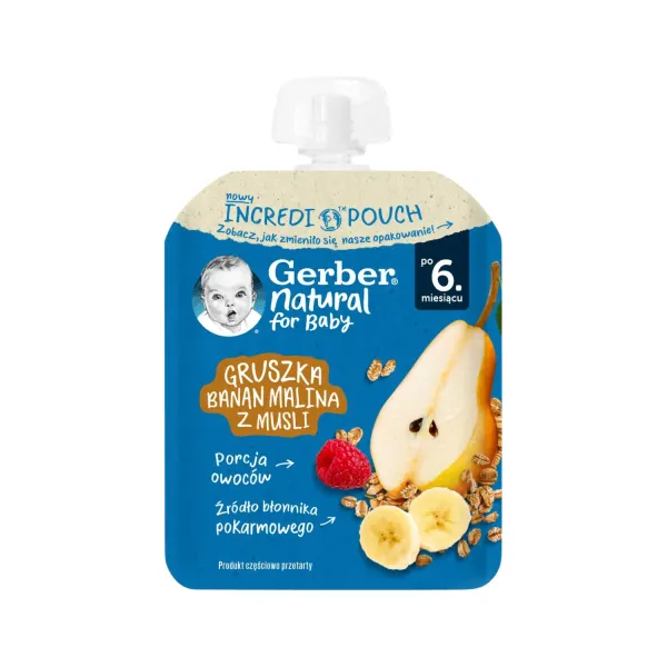 Augļu biezenis GERBER, ar bumbieriem, banāniem un avenēm, 6 mēn., 80g