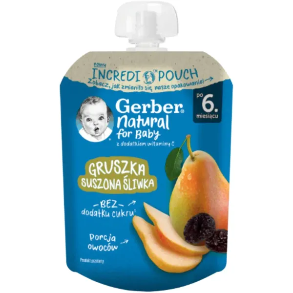 Augļu biezenis GERBER, ar bumbieriem un plūmēm, 6 mēn., 80g