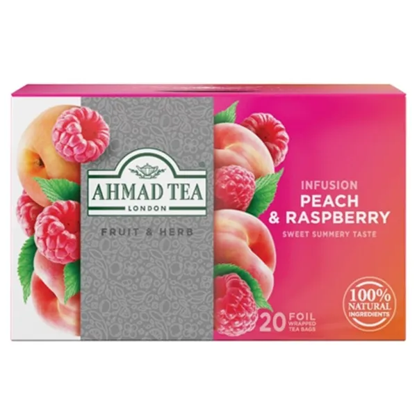 Naturāls augļu un zāļu tējas maisījums Ahmad tea bez kofeīna persiks, avene 36g