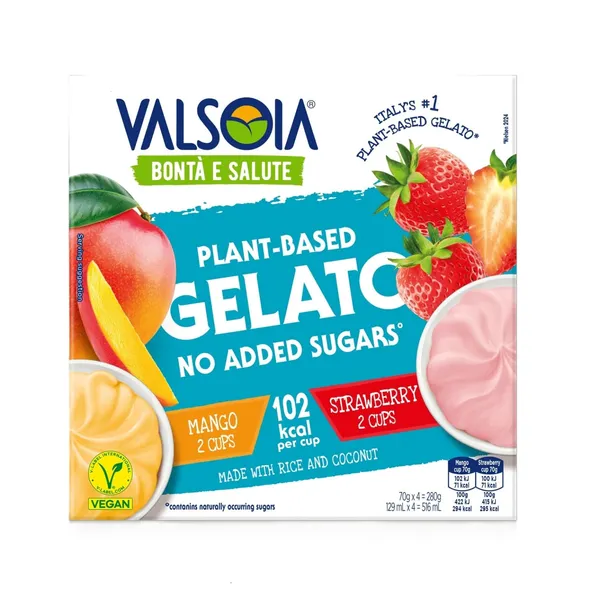 Augu bāzes saldējums Valsoia mango un zemeņu ar saldinātāju 516ml/280g