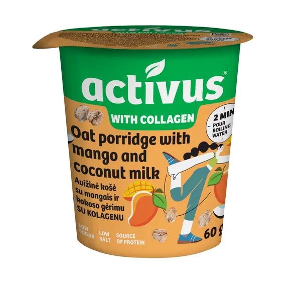 Ātri pagatavojamās auzu pārslas Activus ar mango un kokosriekstu dzērienu 60g