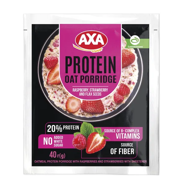 Auzu proteīna putra Axa ar aveņu un zemeņu garšu, ar saldinātāju 40g