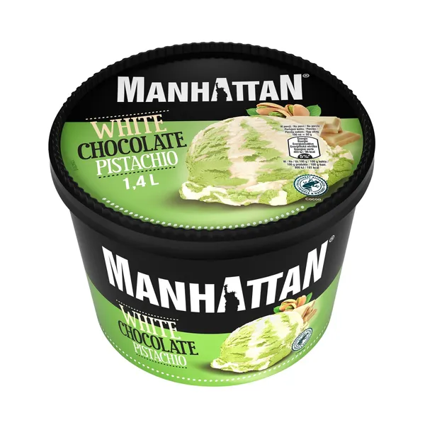 Baltās šokolādes saldējums Manhattan ar pistācijām 1,4l/700g