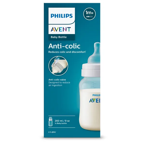 Barošanas pudelīte Philips Avent Pretkoliku 260ml, lēnas plūsmas knupītis 1m+ 1gab.