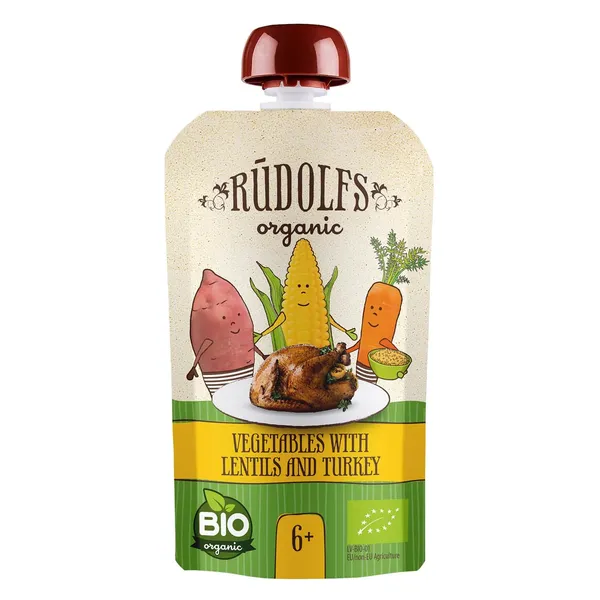 Biezenis Rūdolfs Bio dārzeņi ar lēcām un tītara gaļu 110g