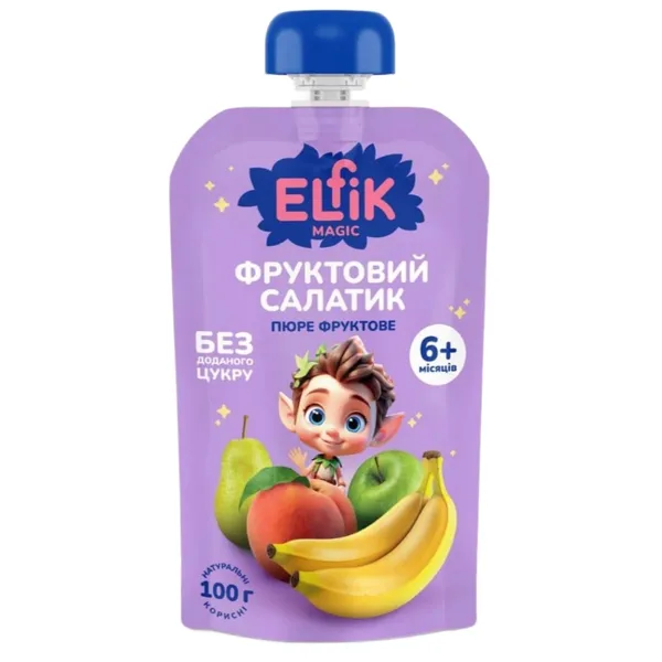 Biezenis Elfik Augļu Salāti ābolu, bumbieru, persiku, banānu 6mēn. 100g