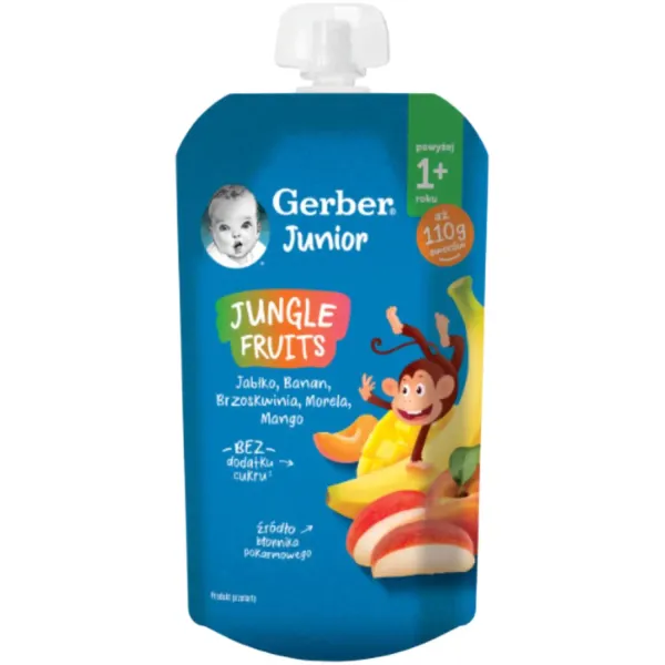 Biezenis Gerber ar āboliem, banānu, persiku, aprikozi, mango, no 1 gada 110g