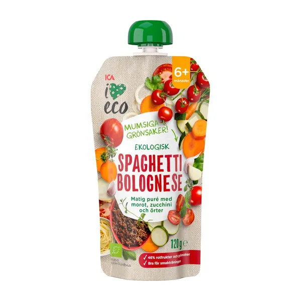 Ekoloģisks biezenis I Love Eco no spageti Boloņas gaumē, bērniem no 6 mēn. 120g