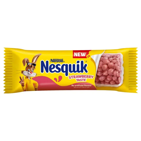 Brokastu pārslu batoniņš Nesquik Nestle ar zemeņu garšu, vitamīniem un dzelzi, ar 15 % piena glazūru 23,5g