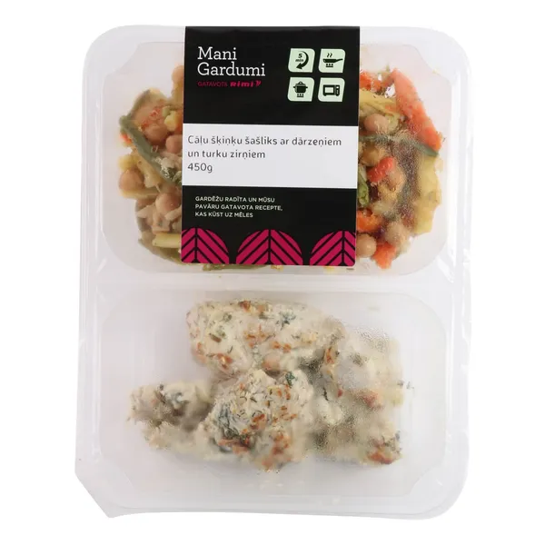 Cāļu šķiņķu šašliks ar dārzeņiem un turku zirņiem 450g