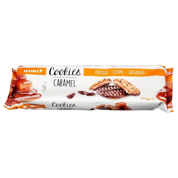 Cepumi Rimi Caramel ar karameļu pildījumu, piena šokolādi un tumšās šokolādes gabaliņiem 175g