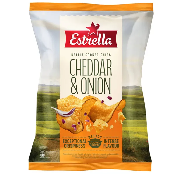 Kartupeļu čipsi Estrella ar čedaras siera un sarkano sīpolu garšu 120g