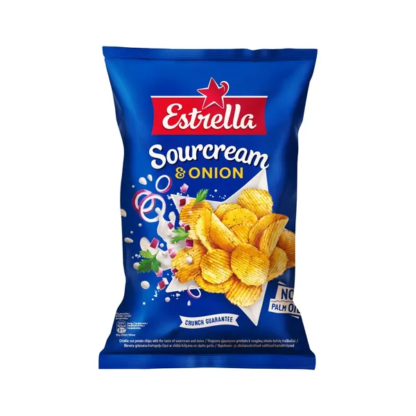 Čipsi Estrella ar skābā krējuma un sīpolu garšu, rievoti, 130g