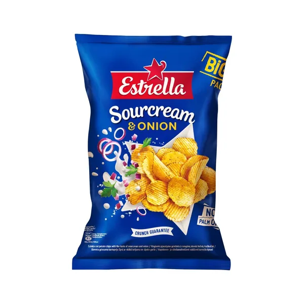 Čipsi Estrella ar skābā krējuma un sīpolu garšu, rievoti, 180g