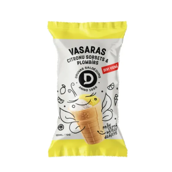 Citrona sorbets un plombīra saldējums Druvas Saldējums vafeļu glāzītē 120ml/70g