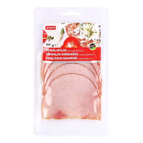 Cūkas karbonāde Rimi šķēlēs karsti kūpināta 100g