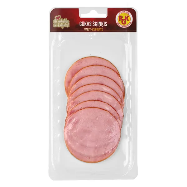 Cūkas šķiņķis RGK vārīti-kūpināts, šķēlēs 100g