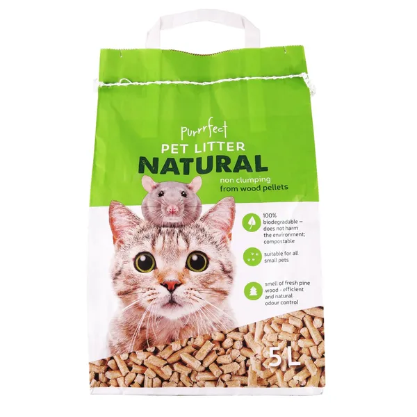 Dabisks koka granulu mājdzīvnieku tualetes pildījums Purrrfect necementējošs 5L