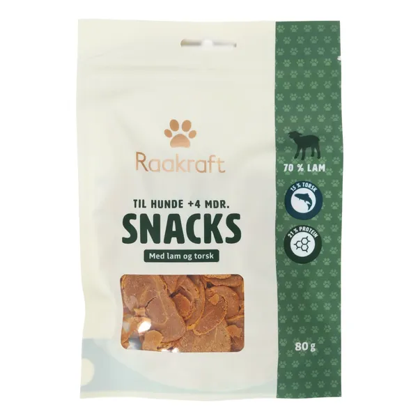 Daļēji mitra uzkoda suņiem Raakraft ar jēra gaļu un mencu 80g
