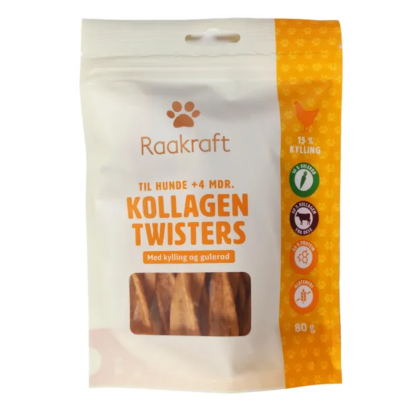 Daļēji mitra uzkoda suņiem Raakraft kolagēna spirāles ar vistu un burkāniem 80g