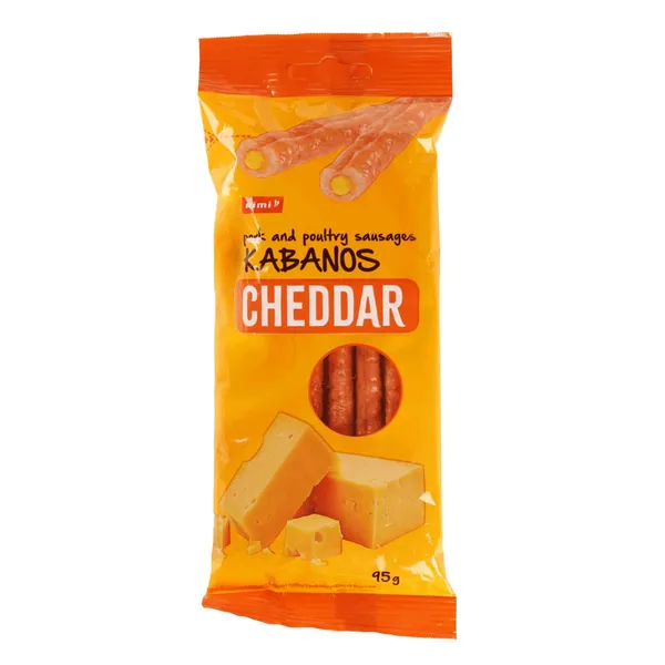 Cūkgaļas un mājputnu gaļas desiņas Rimi Kabanos ar Čedaras siera garšas pildījumu 95g