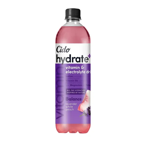 Dzēriens Cido Hydrate+ Balance ar balto persiku un lavandas garšu, ar saldinātāju 0,6l