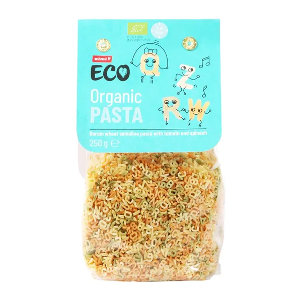 Ekoloģiska pasta Rimi ECO Trocolor Alphabet 250g
