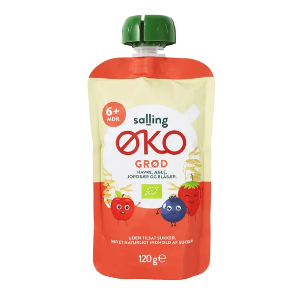 Ekoloģiska putra Salling Eko ar auzām, āboliem, zemenēm un mellenēm 6mēn. 120g