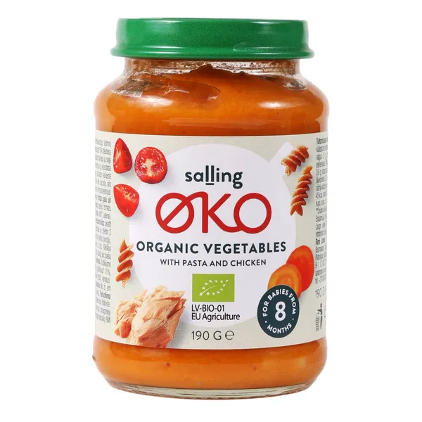 Ekoloģisks dārzeņu biezenis Salling Oko ar vistas gaļu un makaroniem no 8 mēnešiem 190g