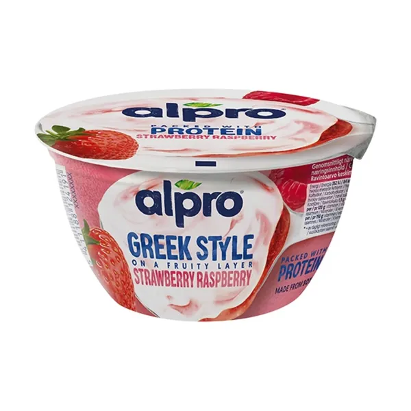 Fermentēts grieķu stila sojas produkts Alpro ar zemenēm, avenēm, kalciju un vitamīniem 150g