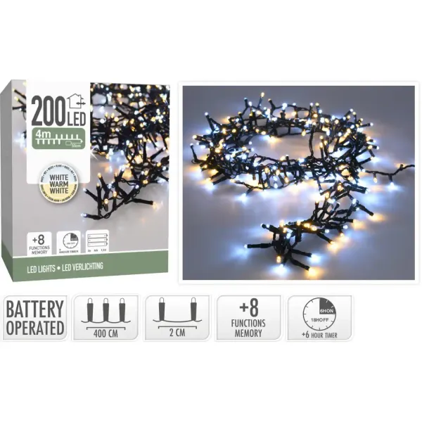 Gaismiņu virtene 200LED batlta/silti balta CH26
