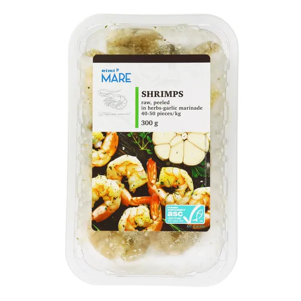 Garneles Rimi nevārītas ASC, atlaidinātas, ar garšaugu-ķiploku marinādi 300g