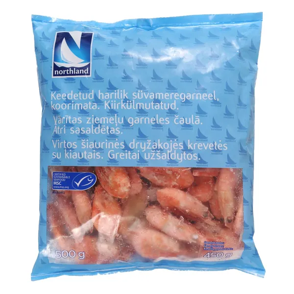 Garneles Northland vārītas ar čaulu saldētas 90/120 MSC 500g/450g