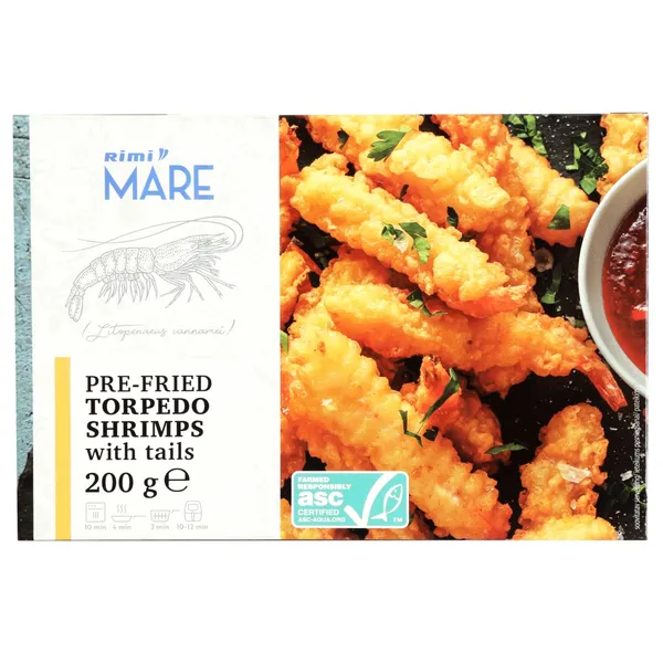 Garneles Rimi Torpedo panētas, apceptas, ar astēm ASC 200g
