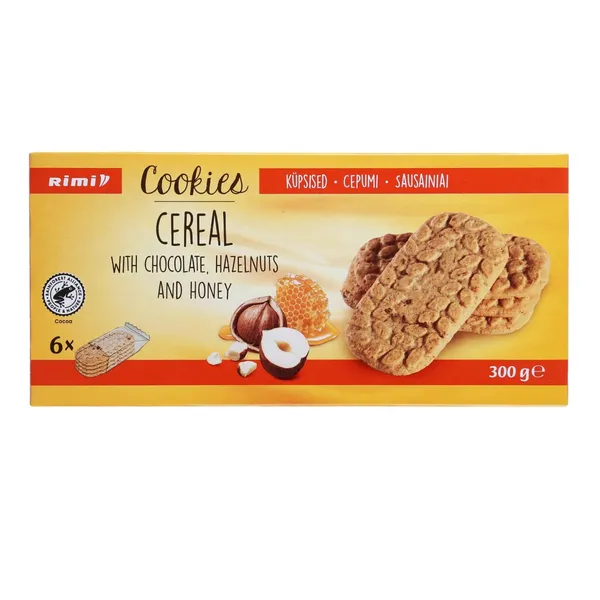 Graudaugu cepumi Rimi ar šokolādi, lazdu riekstiem un medu 300g