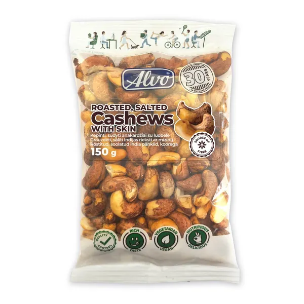 Grauzdēti, sālīti Indijas rieksti Alvo ar miziņu 150g