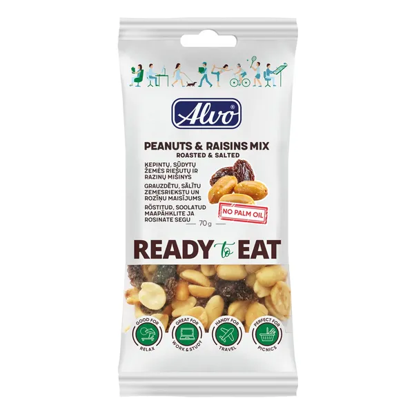Grauzdētu sālītu zemesriekstu un rozīņu maisījums Alvo 70g