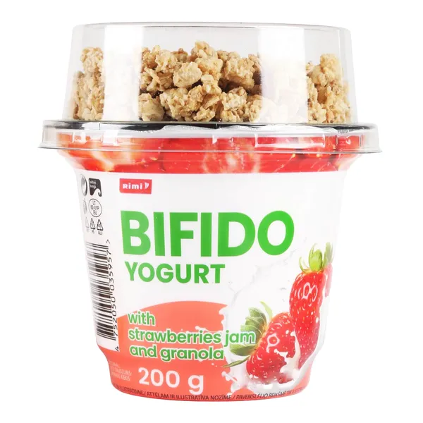 Bifido jogurts Rimi ar zemeņu ievārījumu un granolu 200g