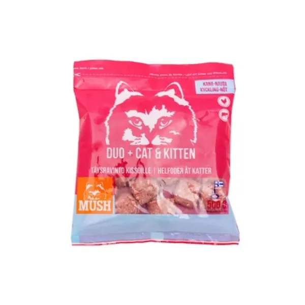 Kaķēnu un kaķu barība MUSH DUO+ CAT vista,liellops 500g.