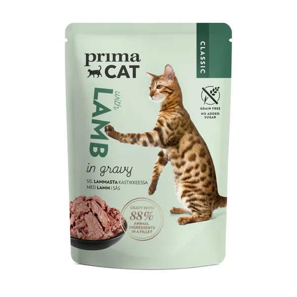 Kaķu barība jēra gaļas gabaliņi mērcē PrimaCat Classic 85g