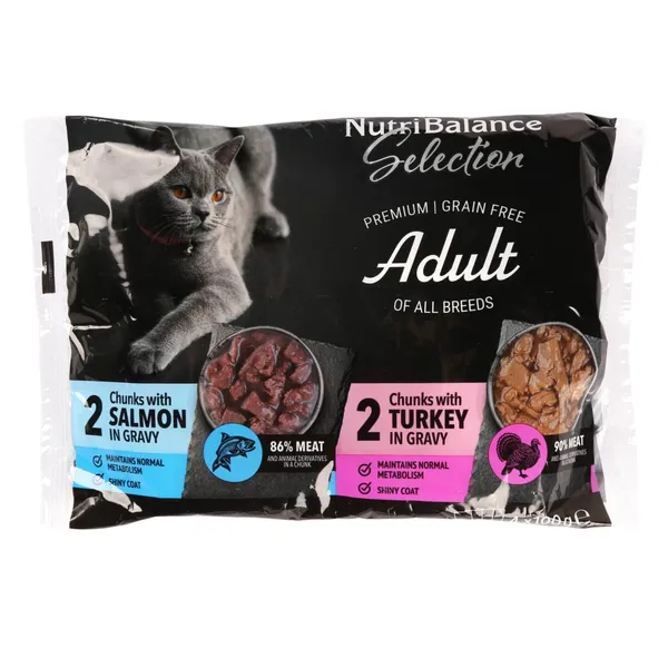 Kaķu barība Nutribalance Selection gabaliņi ar tītara gaļu mērcē, gabaliņi ar lasi mērcē 4x100g