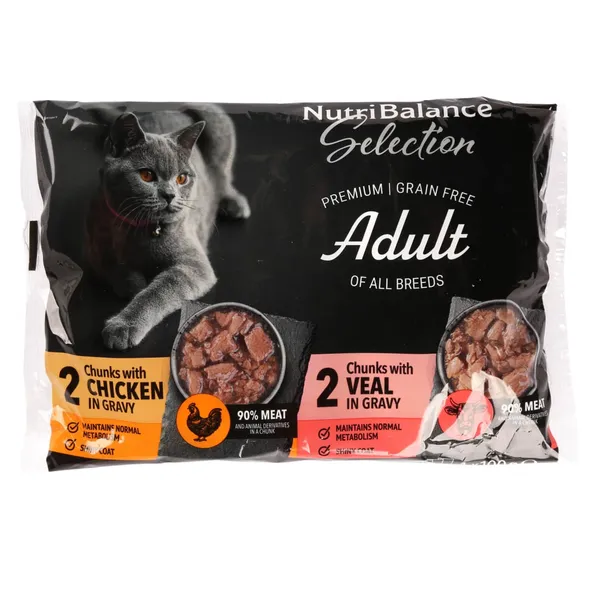 Kaķu barība Nutribalance Selection gabaliņi ar vistas gaļu mērcē, gabaliņi ar teļa gaļu mērcē 4x100g