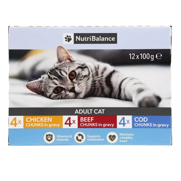 Kaķu barība Nutribalance gabaliņi ar vistas gaļu mērcē, gabaliņi ar liellopa gaļu mērcē, gabaliņi ar mencu mērcē 100g