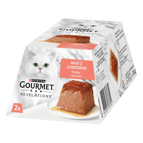 Kompleksā dzīvnieku barība Gourmet Revelations ar lasi un pāri plūstošu mērci pastētē, pieaugušiem kaķiem 2x57g