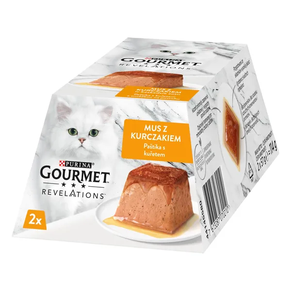Kompleksā dzīvnieku barība Gourmet Revelations ar vistu un pāri plūstošu mērci pastētē, pieaugušiem kaķiem 2x57g