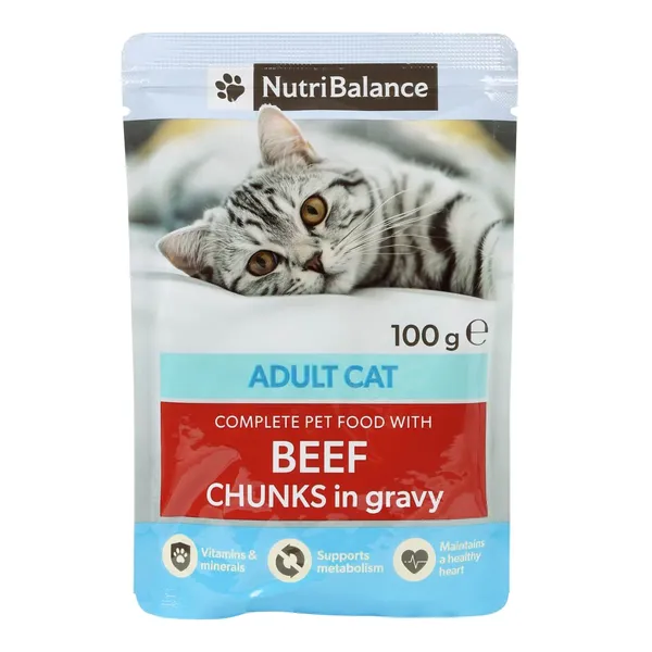 Kaķu barība Nutribalance gabaliņi ar liellopa gaļu mērcē 100g