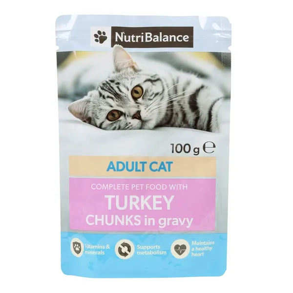 Kaķu barība Nutribalance gabaliņi ar tītara gaļu mērcē 100g