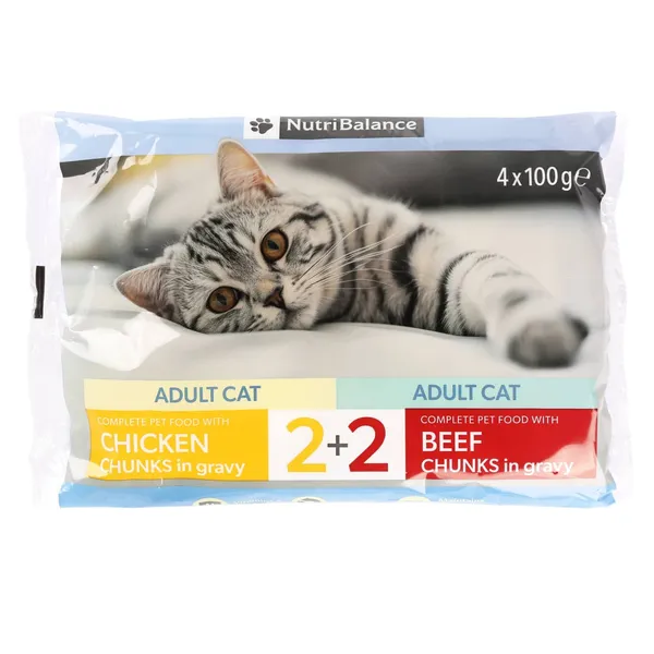 Kaķu barība Nutribalance gabaliņi ar vistas gaļu mērcē, gabaliņi ar liellopa gaļu mērcē 100g