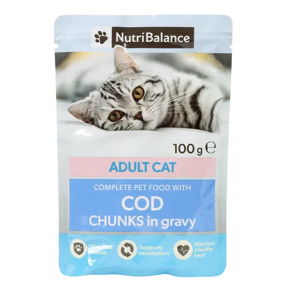 Kaķu barība Nutribalance gabaliņi ar mencu mērcē 100g